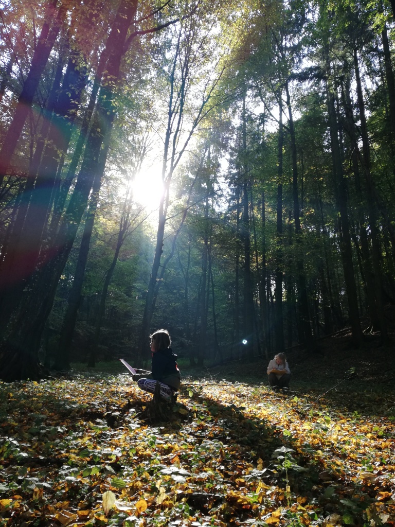 eine Person und ein Kind, die in einem Wald sitzen